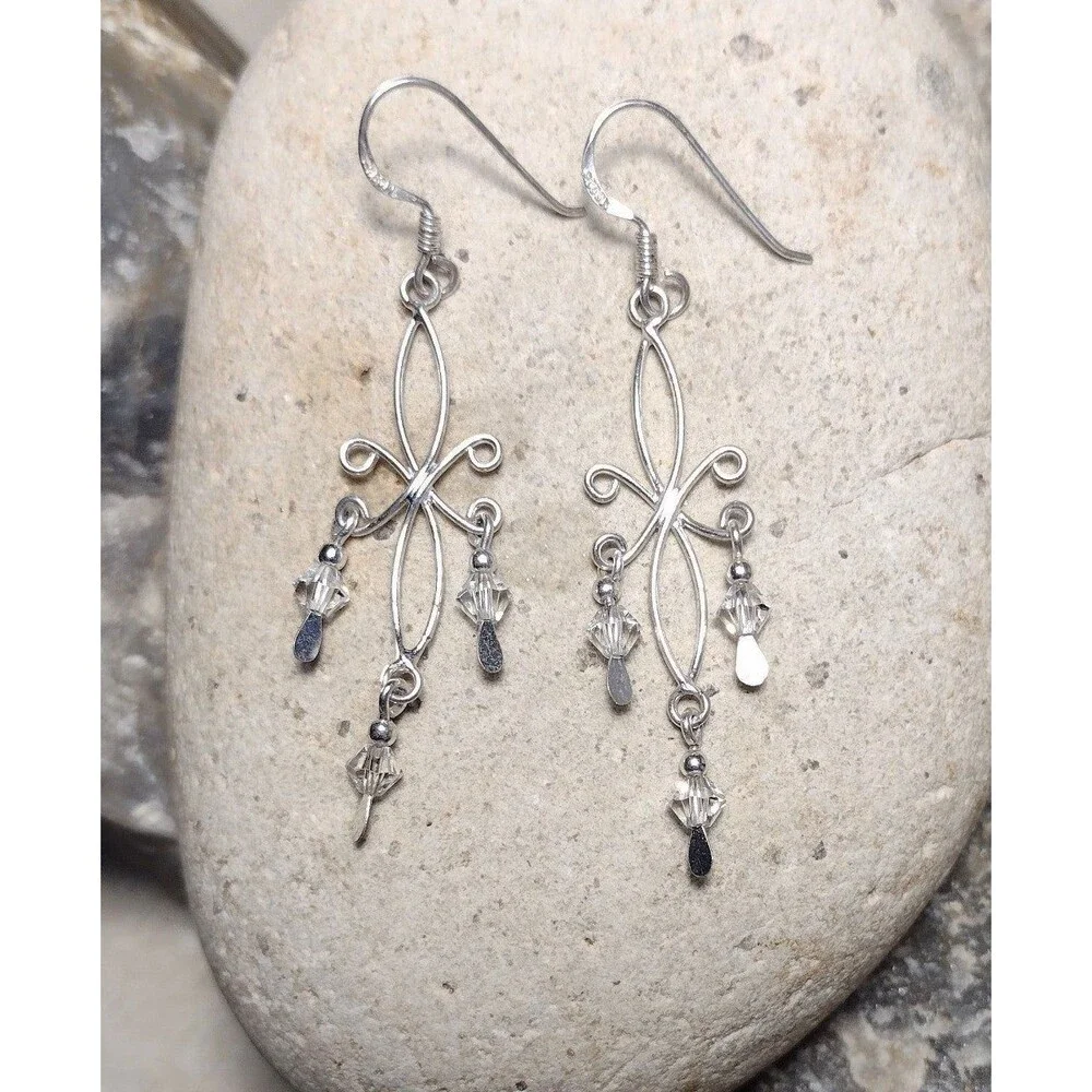 .925 Sterling Silver Crystal  Scroll Dangle Earrings